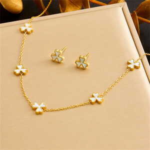 Flower Shape Stainless Steel Jewelry <b>Set</b> With White Shell Pendant Necklace Earrings <b>Bracelet</b> For Women Party Wear - Product Image 2
