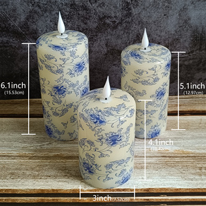 Bleu et blanc porcelaine impression LED <span class=keywords><strong>cire</strong></span> de paraffine pilier bougie 3 pièces Style céramique chinoise sans flamme scintillement personnalisé décor à la maison - Product Image 6