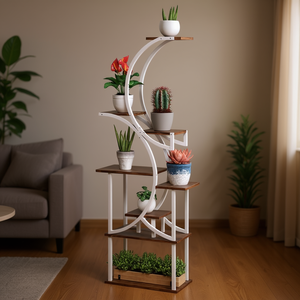 Soporte moderno para flores de madera de 5 niveles con diseño curvo, estante independiente para exhibir plantas, para la decoración del hogar y la sala de estar. - Product Image 2