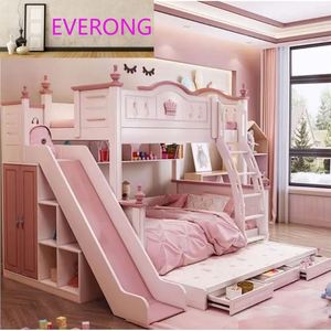 Cama Infantil Rosa con Diseño <span class=keywords><strong>de</strong></span> Corona <span class=keywords><strong>para</strong></span> Niñas, Cama Litera Multifuncional con Tobogán - Product Image 5