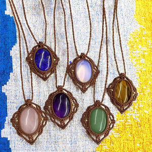 Bohemian Natural Gemstone Oval Cabs Necklace Crystal Rhinestone Gold Plated Hand Braided Waxed <b>Rope</b> Unisex Gift Jewelry - Product Image 3