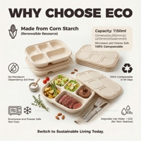 Barquette jetable compostable écologique en amidon de maïs biodégradable 1150 ml, micro-ondable, anti-fuite, 5 compartiments, pour plats à emporter