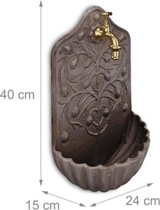 Fontana da Parete con Rubinetto, Lavello da Giardino in Ghisa 40 X 24 X 15 cm, Marrone Anticato, Illuminata con Acqua Corrente, Resistente alle Intemperie - Product Image 4