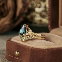 Bague Goutte d'Eau SA en Aigue-marine Naturelle et Zircon Plaqué Or, Bagues de Couple Incrustées Style Européen et Américain