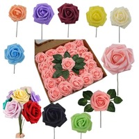 Rose artificielle en mousse de 8 cm, pas chère, avec feuilles et tige, fleurs artificielles, roses au toucher réel pour la décoration de mariage