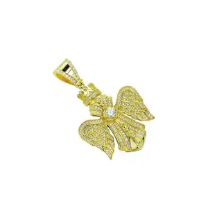 2024 High Quality 925 Sterling Silver Gold Iced Out Zircon Crystal Angel Wing Pendant With Crown