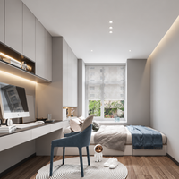 Ensemble de meubles sur mesure pour chambre à coucher, intégrant armoire, lit, bureau, armoire murale, bibliothèque et rangements, pour une optimisation de l'espace.