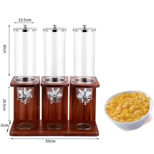 Three head solid wood base cereal distributor dry food cereal dispenser container popcorn dried fruit dispenser