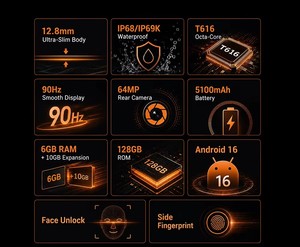Smartphone robuste Android 16 Cubot KingKong ES PRO, écran 6,56 pouces 90 Hz, 16 Go de RAM (6+10), 128 Go de ROM, IP68 et IP69K, 5100 mAh, 64 MP, GPS - Product Image 4