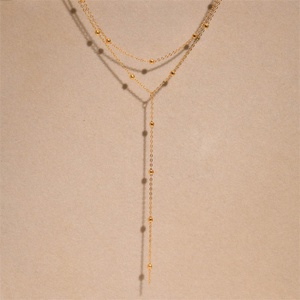 Collier ras-de-cou double rangs en acier inoxydable plaqué or avec chaîne perlée en Y pour femme, idéal pour les soirées - Product Image 4