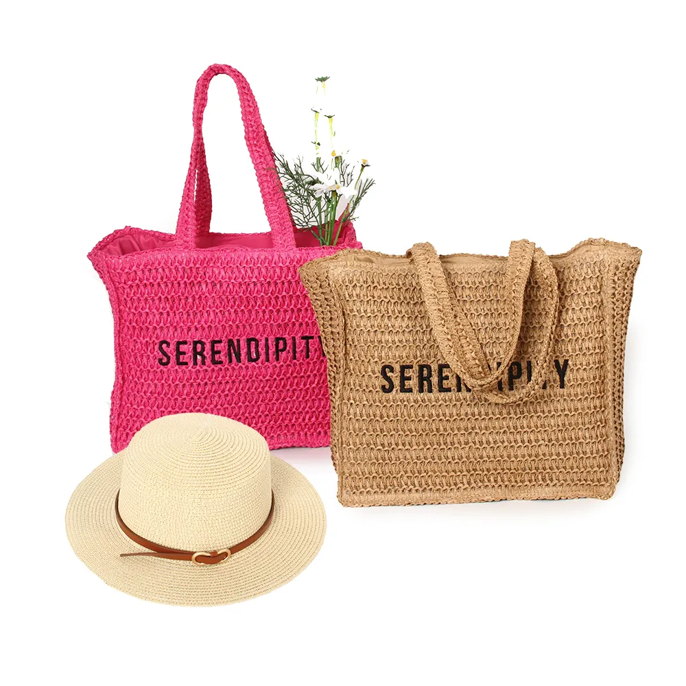 Bolso de playa de paja de verano personalizado, bolso de compras de gran capacidad, bolso de mano con sombrero