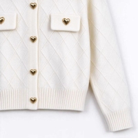 Cardigan en tricot court pour femme, élégant, de haute qualité, orné de strass creux en forme de diamant, col rond, bouton cœur doré