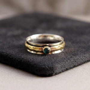 Natural Blue Fire Labradorite Two Tone Silver and Brass Moving 925 Sterling Silver <b>Spinner</b> <b>Ring</b> Handmade Jewelry - Product Image 3