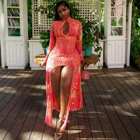 Robe tendance 2026 pour femme, ajourée, à manches longues, col montant, color block, style urbain, avec jupe moulante et effet sac de transport, cintrée à la taille