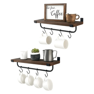 Estante flotante rústico para barra de café, ganchos para <span class=keywords><strong>tazas</strong></span> de té de madera, <span class=keywords><strong>colgador</strong></span> para organizar utensilios de cocina, estante para <span class=keywords><strong>tazas</strong></span> de café de madera con ganchos en S - Product Image 1