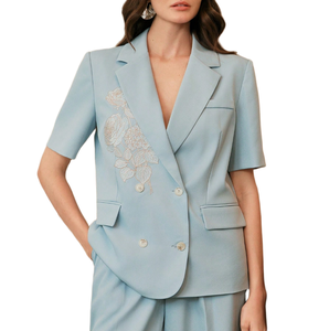 Abrigo de Negocios para Mujer, <span class=keywords><strong>Azul</strong></span> <span class=keywords><strong>Claro</strong></span>, con Bordado Floral, Manga Corta, Doble Botonadura, Solapa con Muescas, Formal, de Oficina, Casual - Product Image 1