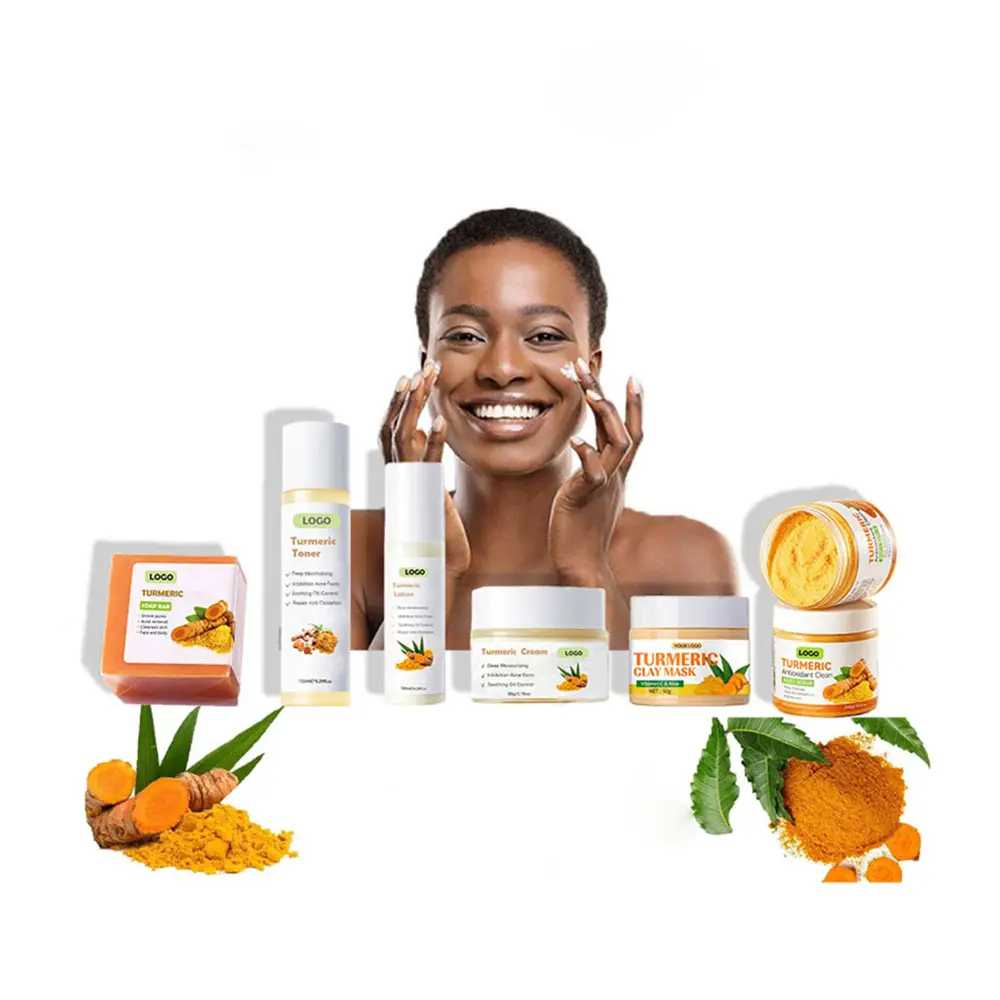 Low Moq 50 Pcs Turmeric Skin Care Set with Customer's Logo Private Label Whitening Acne Repair Turmeric Skin Care Products