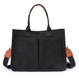Canvas Briefcase For Women Solid Color Tote Bag With Shoulder Strap Minimalist Style All Seasons Use - Product Image 2