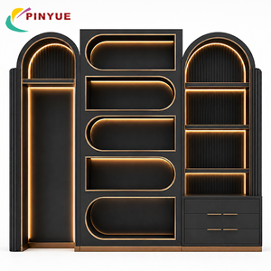 <span class=keywords><strong>Vitrine</strong></span> de présentation en <span class=keywords><strong>bois</strong></span> rainuré sur mesure avec étagère LED noire arquée pour hôtel, bar, salon de beauté, luxe haut de gamme - Product Image 2