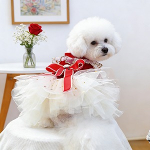 ชุดเดรสสัตว์เลี้ยงสีแดงกำมะหยี่พร้อมกระโปรงผ้าทูลสีขาวสำหรับสุนัขและแมว เสื้อผ้าลูกสุนัขตัวเล็ก ชุดวันหยุดสำหรับเทศกาล - Product Image 2