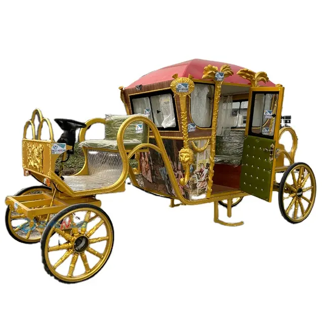عربة ملكية بفارس ملكي فيكتوريا للبيع/عربة حصان كهربائية ذات لون ذهبي بنحت كهربائي عربة ملكية