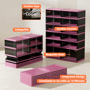 Scarpiera portatile in un unico pezzo, alla moda, nera e rosa, facile da montare, scarpiera pieghevole in plastica, con Logo personalizzato - Product Image 2