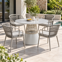 Table de salle à manger ronde moderne d'extérieur avec piétement en métal et design en corde tressée pour patio, jardin, café, restaurant, hôtel, terrasse