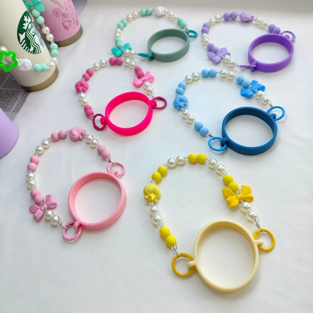 anneau de tasse transparent + sangle de perles + pendentif pompon-vert