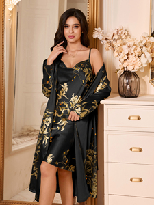 Ensemble de chemise de nuit en satin à imprimé floral, élégante <span class=keywords><strong>robe</strong></span> de nuit à bretelles spaghetti pour femmes avec <span class=keywords><strong>robe</strong></span> de chambre assortie - Product Image 6