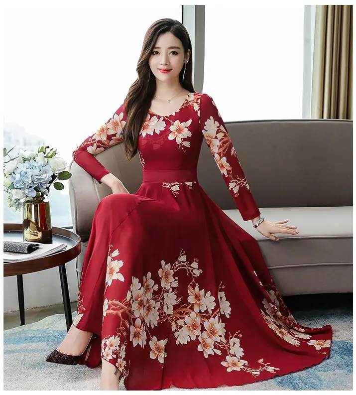 Hkred Factory Price Wholesale 2021 Fashion Women Long Sleeve Elegant Floral Print Casual Dress For Cheap Women Dresses For Women