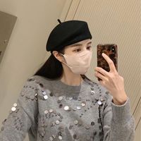 Béret en pure laine plissé avec logo M, style coréen vintage, casquette de peintre pour femme, béret chaud d'hiver