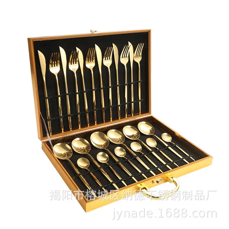Hochwertiges 24-teiliges Edelstahl-Goldbesteck Gabel-Messer-Löffel-Silberwaren Hochzeit Besteck wiederverwendbares Besteck mit Holzbox