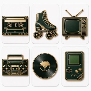 Aimant de réfrigérateur en émail Art Déco, style Gatsby, or et vert émeraude, avec motifs cassette, boombox, vinyle, patins à roulettes, télévision rétro, en métal de luxe - Product Image 1