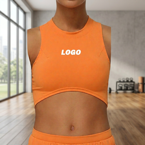Women Orange Solid Color <b>Racerback</b> Sports <b>Bra</b> Crew Neck Medium Support Breathable Seamless Fitness Top Front Logo - Product Image 3