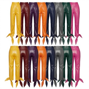 Vêtements de bureau sur mesure en cuir PU, pantalon droit streetwear taille haute avec détail de lien à la cheville, décontracté, écologique, coupe-vent - Product Image 1