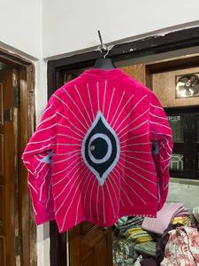 Veste en velours rose brodée avec un motif géométrique en forme d'œil, col mandarin, manches longues, veste d'automne pour femmes, broderie à la main - Product Image 2