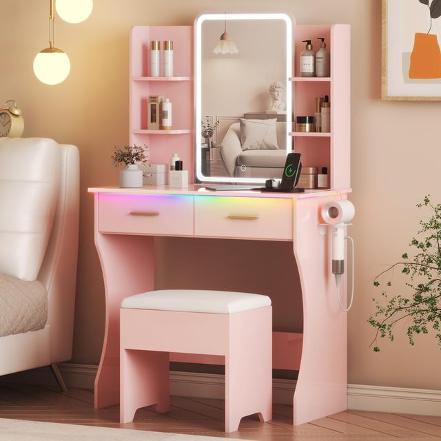 Smart Pink Vanity Desk with RGB LED Lights & Built-in Charging Station, 2-Drawer Makeup Table with Hair Dryer Holder.