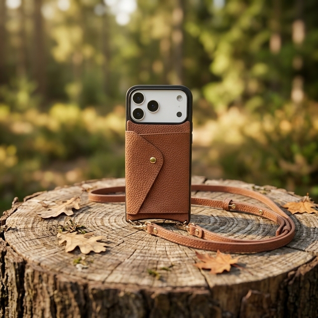 Band Crossbody Wallet Phone Case for 17 Pro Max. 100% Genuine Pebble Leather. Gold Hardware.