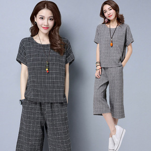Women's Plaid Two-Piece Set Short Sleeve Top Wide Leg Pants Casual Wear Plus Size Gray Black Polyester Woven - Product Image 1