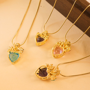 Mode femmes couronne multicolore creux <span class=keywords><strong>coeur</strong></span> Zircon pendentif pêche <span class=keywords><strong>coeur</strong></span> collier femme - Product Image 2