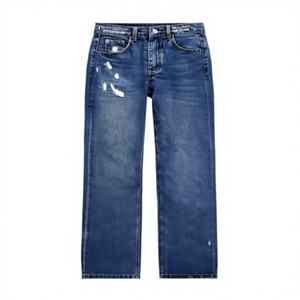 Jeans de mezclilla para mujer, de pierna recta, cintura media, lavado desgastado, estilo casual, 100% algodón, ajuste vintage, con roturas, para primavera. - Product Image 1