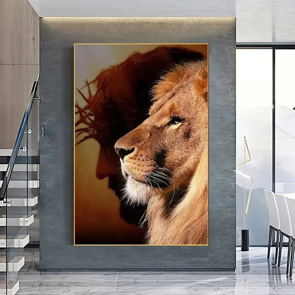 Lion and Jesus Canvas Painting Wall Poster Prints Religion Christianity Art Pictures for Living Room Bedroom Home Decoration