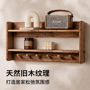 Étagère murale en bois naturel à deux niveaux, en bois massif, pour la cuisine, le salon, style rustique rétro - Product Image 3