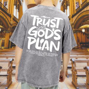เสื้อยืด FOXA Trust Gods Plan สำหรับผู้ชาย ทรงโอเวอร์ไซส์ ลวดลายกราฟิกคริสเตียน ล้างสีแบบ Acid Wash แขนสั้น ผ้าคอตตอนเจอร์ซีย์ 100% เสื้อเชิ้ตแสดงความศรัทธา - Product Image 2