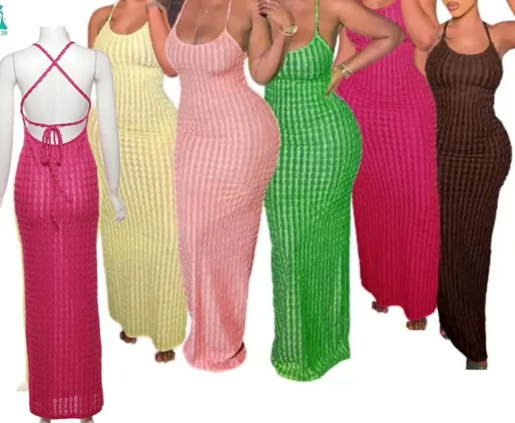 2023 yaz yeni katı dantelli spagetti kayışı bandaj Maxi elbise kadınlar Casual kolsuz Backless Bodycon bayanlar parti elbiseler