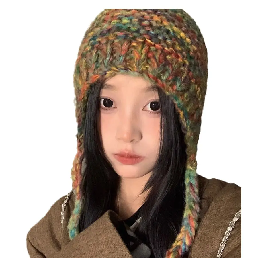 Chapeau femmes hiver chaud tricoté chapeau coréen Baotou froid chapeaux extérieur visage révélant petit arc-en-ciel laine casquette à la mode