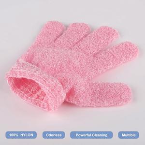 Oem <b>Hot</b> Selling Fashion Solid Color Oval Five-Fingers Durable Elastic Nylon Bath Gloves <b>Pink</b> Exfoliating Scrubbing Body Dead - Product Image 3