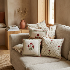 Housse de coussin carrée 16x16 en coton 400TC imprimée à la main motif floral vintage, fermeture éclair, lavable, microfibre, décoration bohème - Product Image 1