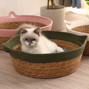 Sarang kucing rotan pola padat ramah lingkungan Universal semua Musim tempat tidur hewan peliharaan jerami bambu anyaman sarang anjing musim panas ruang tamu persegi - Product Image 5
