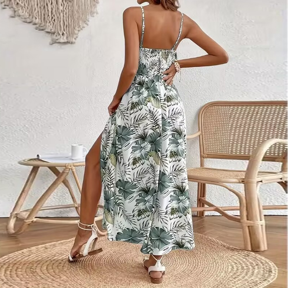 OEM High Quality Women Tropical Printed Dress Casual Sleeveless V Neck Slit  Long Dress Bohemian Chiffon Casual Dresses| Alibaba.com
